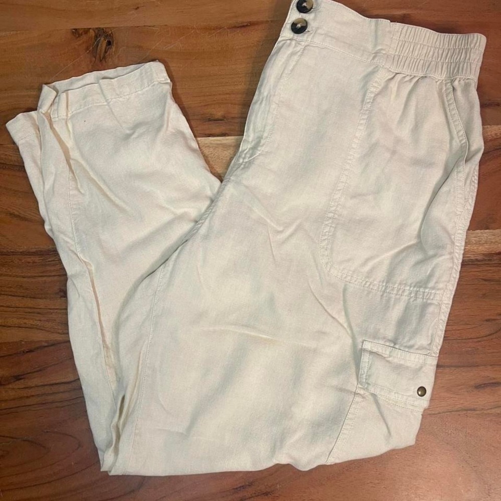 Wonderly Womens Cream Linen Blend High Rise Cargo Utility Pants Large